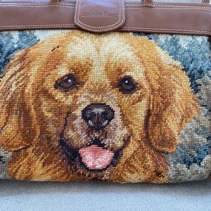 Isabella Fiore Carpet Bagger Purse, Golden Retriever needle point. Leather/suede